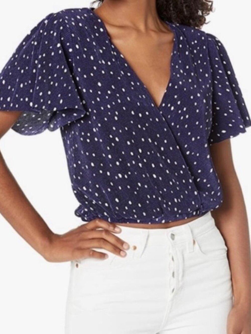 NWT ASTR The Label Polka Dot Wrap Top Navy White Flutter Sleeve XS